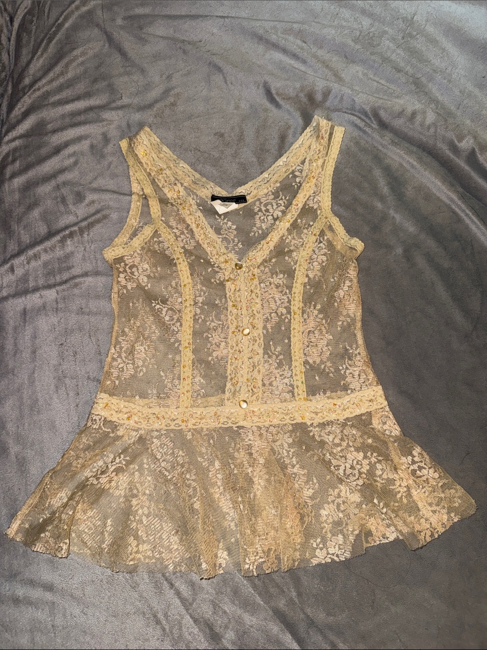 Vintage Y2K K Too Lace Peplum Sparkle Camisole in Beige/Light Yellow